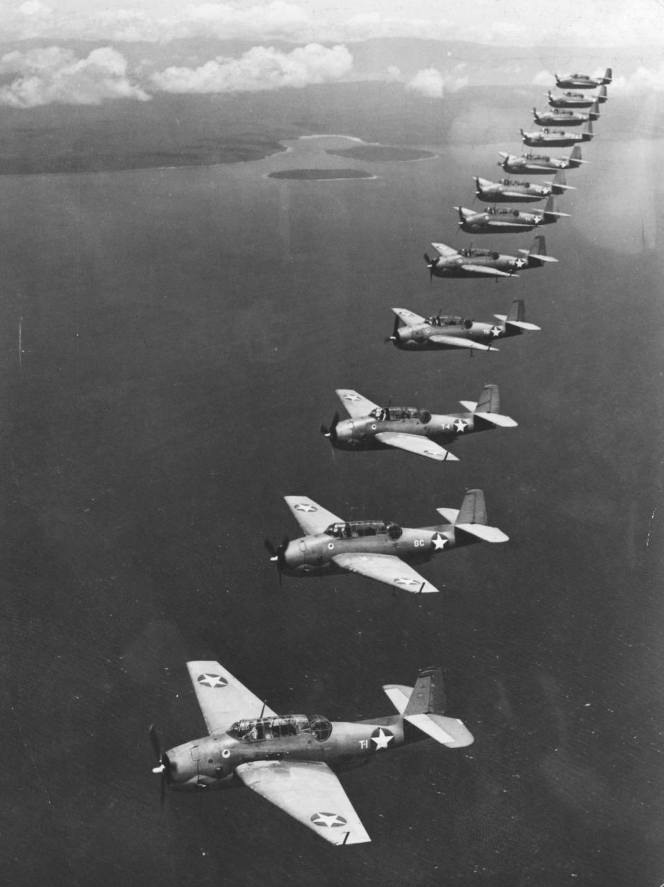 Circa 1950, these U.S. Navy 'Avenger' torpedo bombers fly in formation during a patrol over a Southwest Pacific island base. They are similar to those involved in the most famous Bermuda Triangle account from 1945 when five Navy Avengers went missing.  (Three Lions / Getty Images)