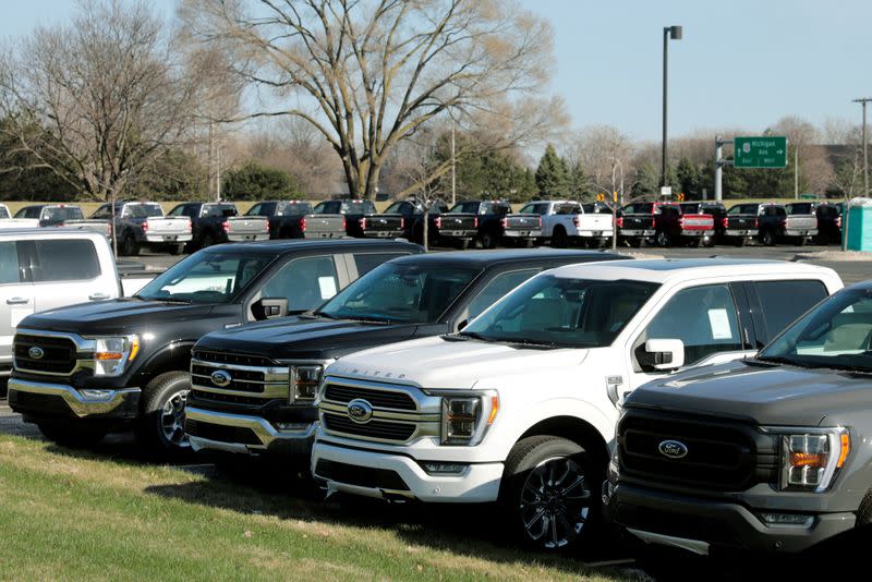FILE PHOTO: Newly manufactured Ford Motor Co. 2021 F-150 pick-up trucks are seen waiting for missing parts in Dearborn