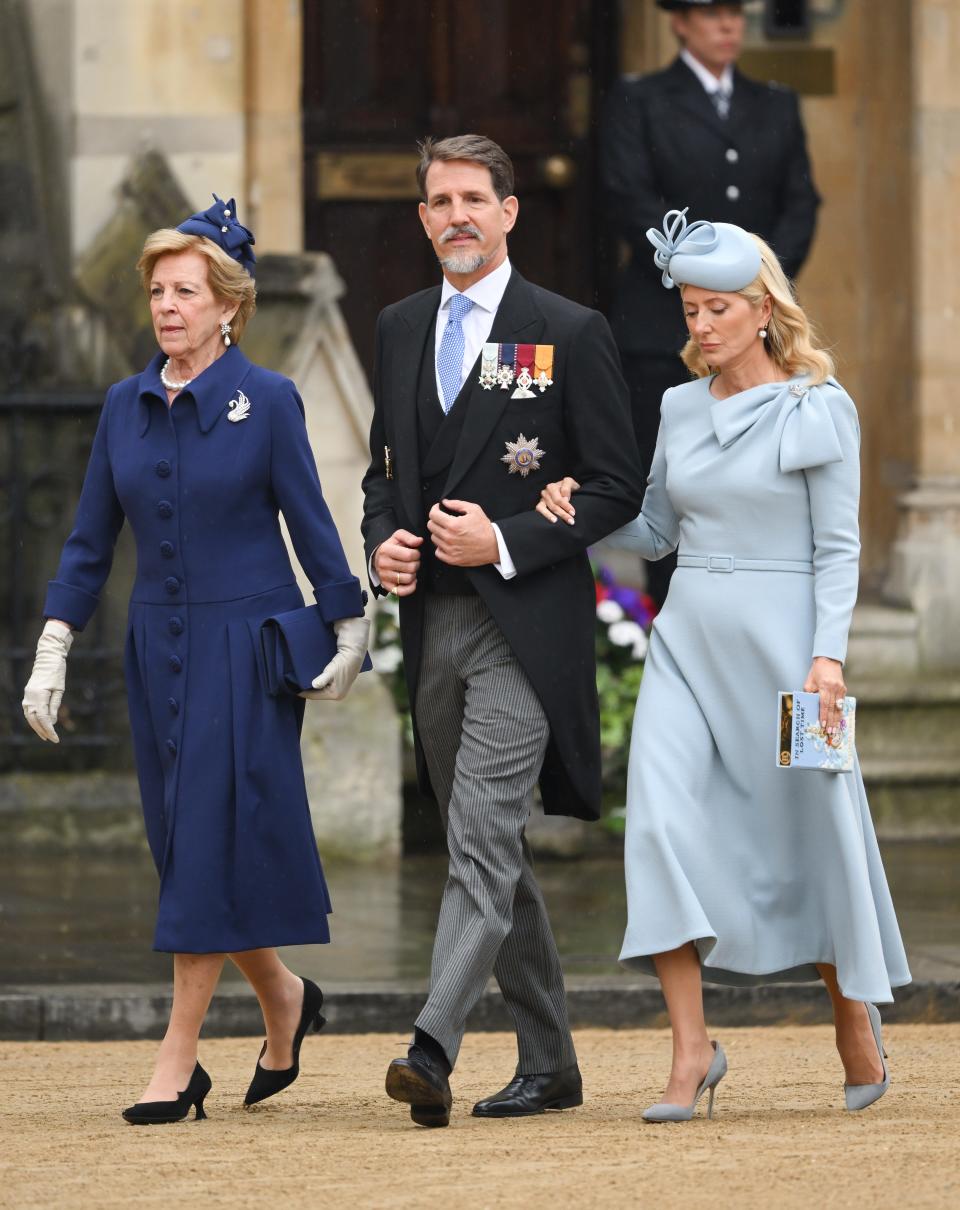 Queen Anne-Marie, Pavlos, Crown Prince of Greece and Marie-Chantal, Crown Princess of Greece arrive at Westminster Abbey for the Coronation of King Charles III and Queen Camilla on May 06, 2023 in London, England.