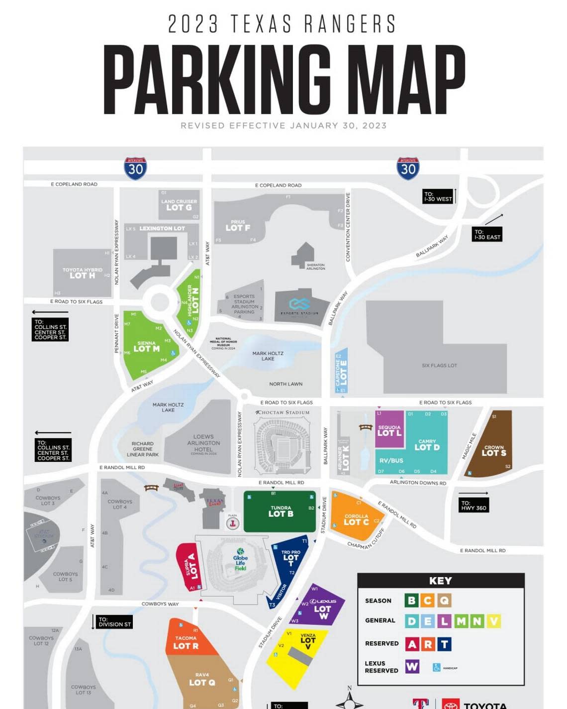 A map of the available parking options around Globe Life Field.