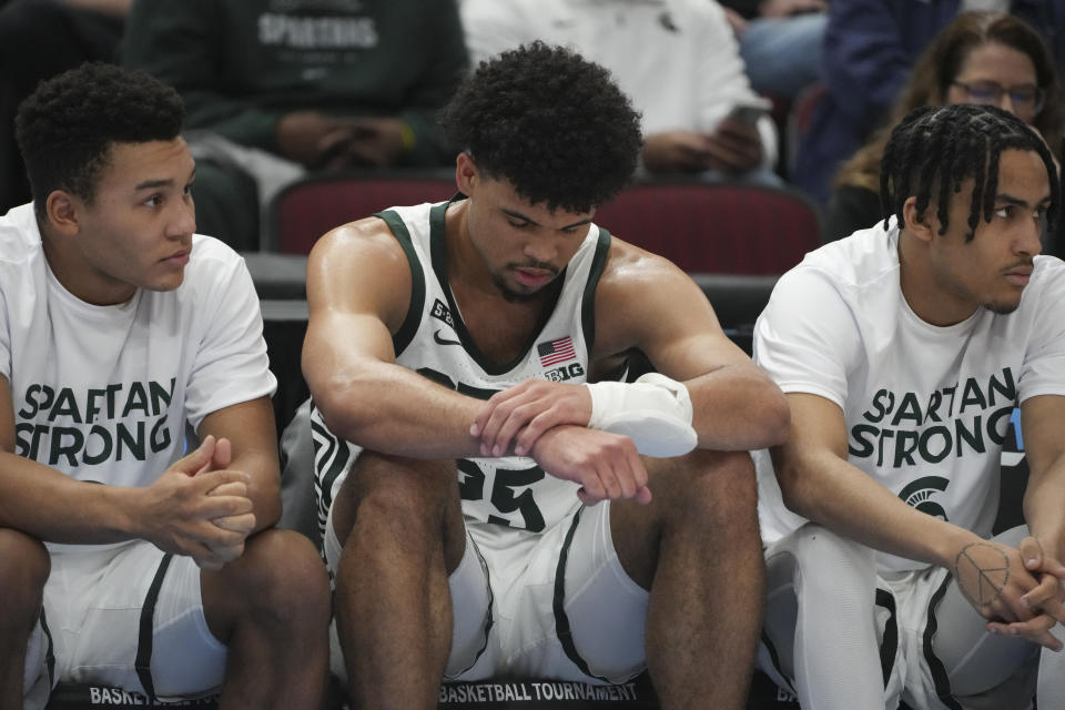 Michigan State's Malik Hall (25) reacts during the second half of an NCAA college basketball game against Ohio State at the Big Ten men's tournament, Friday, March 10, 2023, in Chicago. Ohio State won 68-58. (AP Photo/Erin Hooley)