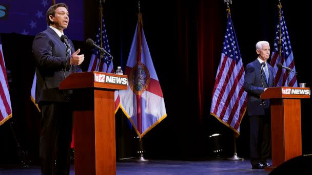 PHOTO: Florida's Republican Gov. Ron DeSantis speaks during a debate with his Democratic opponent Charlie Crist in Fort Pierce, Fla., Oct. 24, 2022. (Crystal Vander Weit/AP)