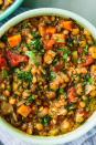 <p>We love lentil soup for its versatility. We add onion, carrot, celery, and garlic as a base, plus canned tomatoes and fresh thyme. Lentil soup of course also needs lentils. The 18 minute wait is the time the lentils take to cook.</p><p>Get the <a href="https://www.delish.com/uk/cooking/recipes/a30130882/instant-pot-lentil-soup/" rel="nofollow noopener" target="_blank" data-ylk="slk:Instant Pot Lentil Soup;elm:context_link;itc:0;sec:content-canvas" class="link ">Instant Pot Lentil Soup</a> recipe.</p>