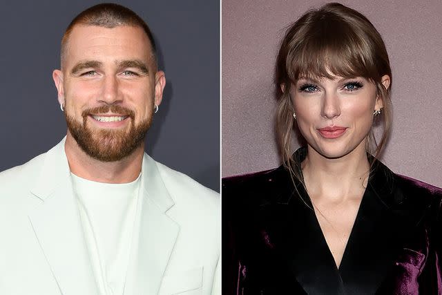 <p>JC Olivera/Getty; Dimitrios Kambouris/Getty</p> Travis Kelce, Taylor Swift