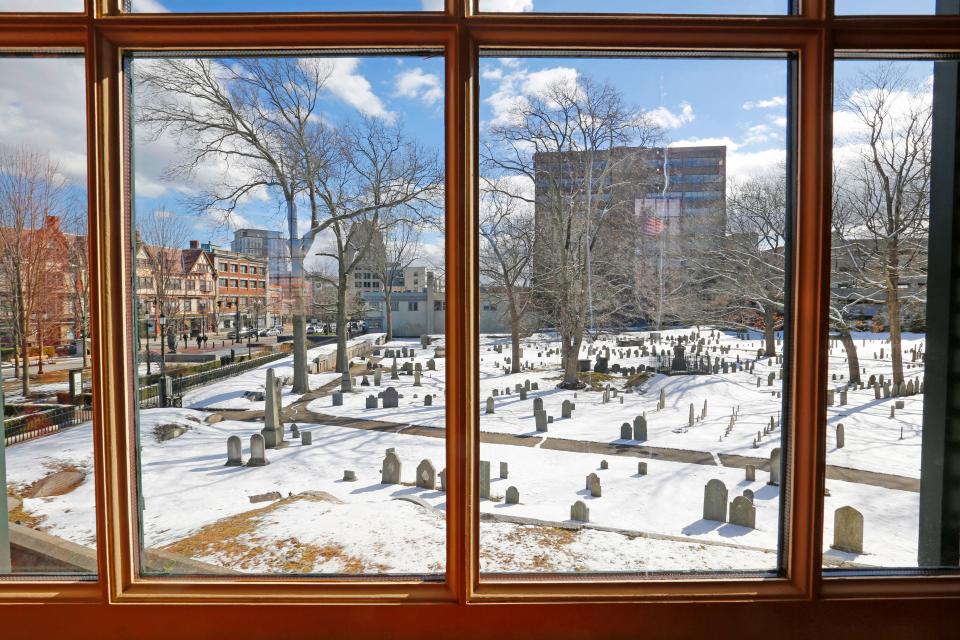 A view of Hancock Cemetery and Quincy Center from the city council chamber in Old City Hall on Friday, Feb. 24, 2023.
