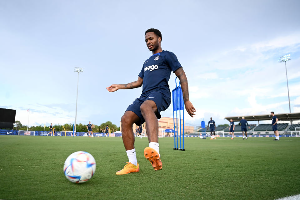 ORLANDO, FL - JULY 21: Raheem Sterling of Chelsea during a training session at Osceola Heritage Park Orlando FC Training Facility on July 21, 2022 in Orlando, Florida. (Photo by Darren Walsh/Chelsea FC via Getty Images)