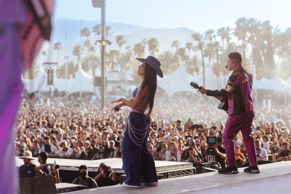 Marca P (right) joins Becky G on the main Coachella Stage Friday, April 14 at the Empire Polo Club in Indio, Calif.