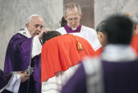 VATICAN CITY, VATICAN - FEBRUARY 26: Pope Francis leads the Ash Wednesday mass which opens Lent, the forty-day period of abstinence and deprivation for Christians before Holy Week and Easter, on February 26, 2020 in Vatican City, Vatican. (Photo by Vatican Pool - Corbis/Corbis via Getty Images)