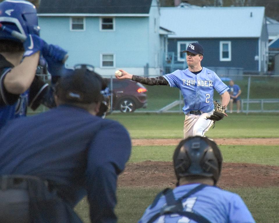 Tanner Warren throws a pitch for Central Valley Academy during a May 5, 2022, high school game in Ilion. Warren pitched four scoreless innings of relief for Adrean Post in the Utica-based legion team's 12-inning victory at the 2023 state tournament Tuesday in Binghamton.