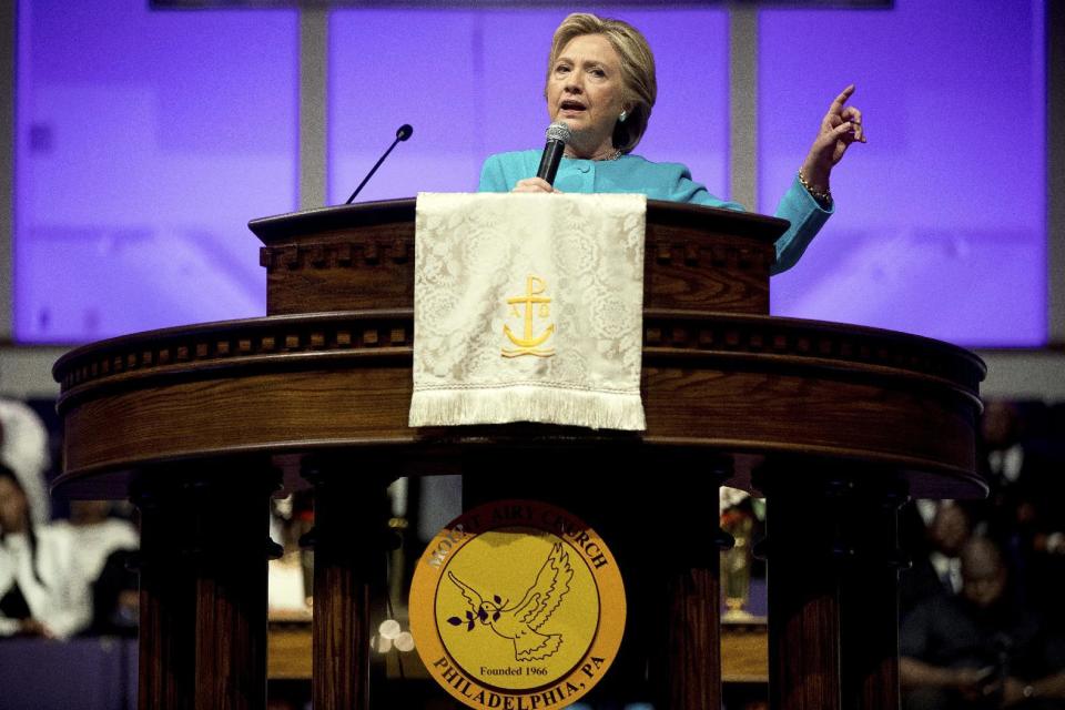 FILE - In this Nov. 6, 2016, file photo, Democratic presidential candidate Hillary Clinton speaks at Mt Airy Church of God In Christ in Philadelphia. Moving on a campaign promise, President Donald Trump said Thursday, Feb. 2, 2017, he will work for the repeal of the Johnson Amendment to free religious organizations from constraints on political activity. (AP Photo/Andrew Harnik, File)