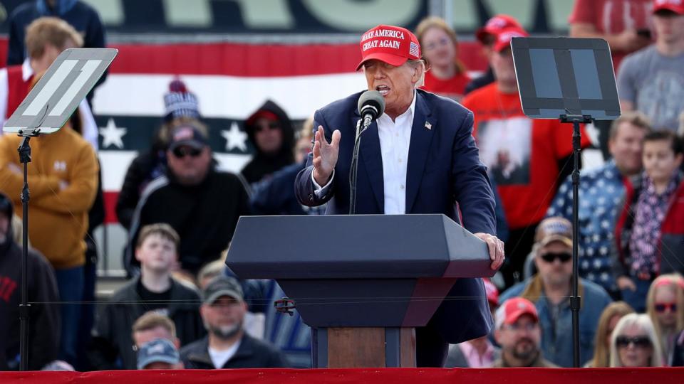 PHOTO: Republican presidential candidate former President Donald Trump  speaks to supporters during a rally at the Dayton International Airport, on March 16, 2024, in Vandalia, Ohio.   (Scott Olson/Getty Images)