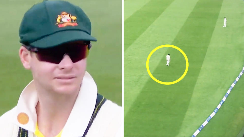 Steve Smith reacts to the English crowd chant and Smith fielding on the boundary.