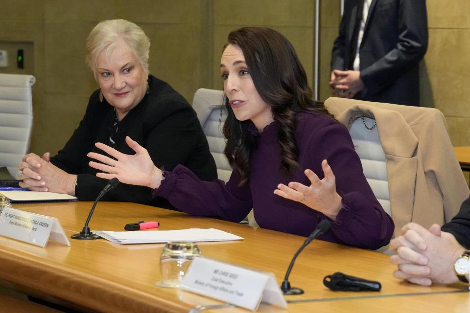 New Zealand Prime Minister Jacinda Ardern, right, gestures to Australian Prime Minister Anthony Albanese at the start of a bilateral meeting in Sydney, Australia, Friday, June 10, 2022. Ardern is on a two-day visit to Australia. (AP Photo/Mark Baker, Pool)