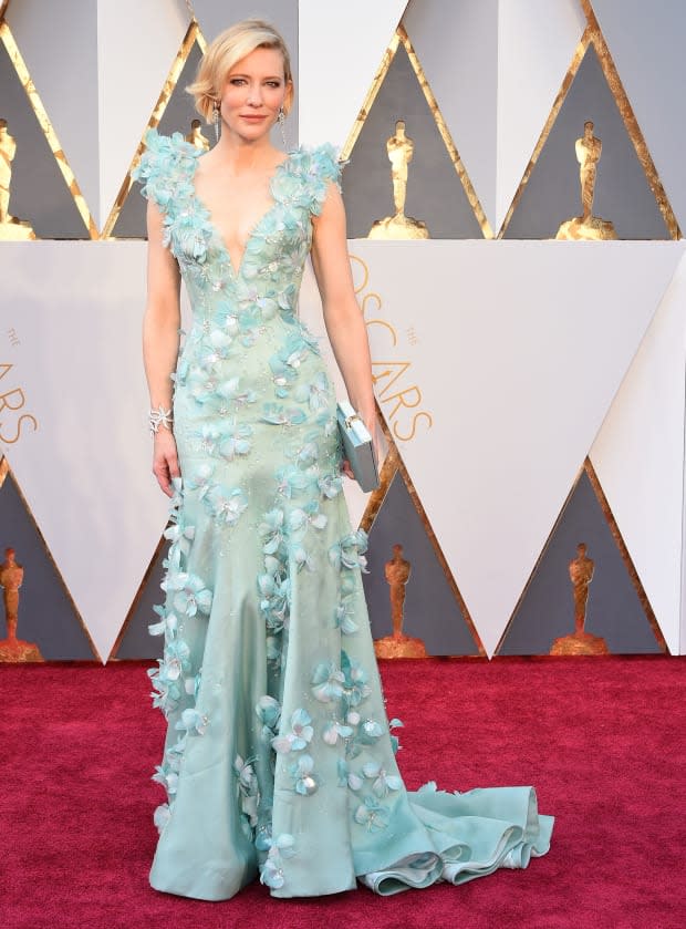 <p>Cate Blanchett was <a href="https://parade.com/1011745/kelseypelzer/spring-quotes/" rel="nofollow noopener" target="_blank" data-ylk="slk:spring;elm:context_link;itc:0;sec:content-canvas" class="link ">spring</a> incarnate at the 88th Annual Academy Awards in this dreamy Armani gown covered with floral embellishments. The actress was nominated for Best Actress for her role in <em>Carol.</em></p>