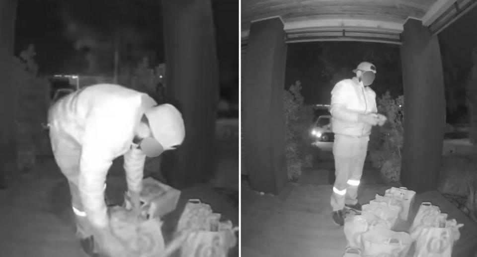 A Woolworths delivery driver caught on a doorbell camera not wearing a mask properly.