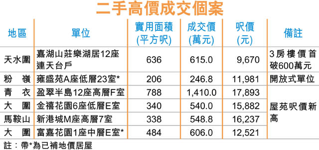 新界連環破頂 嘉湖3房615萬沽