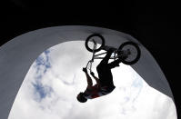 <p>Detailed silhouette view of Declan Brooks of Team Great Britain prepares for the race prior to the Men´s BMX Freestyle seeding event on day eight of the Tokyo 2020 Olympic Games at Ariake Urban Sports Park on July 31, 2021 in Tokyo, Japan. (Photo by Ezra Shaw/Getty Images)</p> 