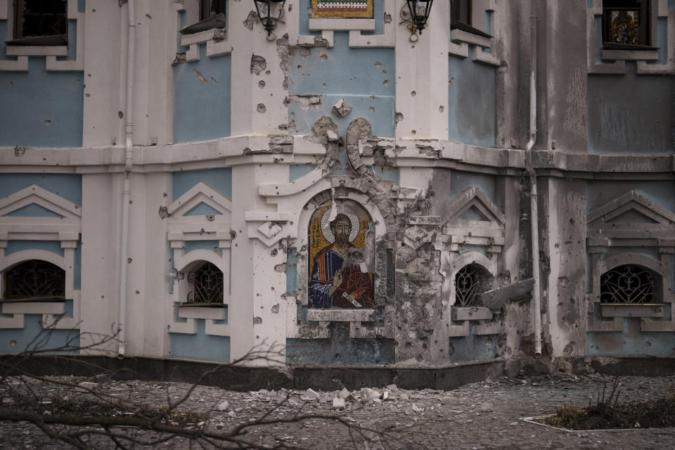 A church is damaged after a Russian attack in Kharkiv, Ukraine, Sunday, March 27, 2022. (AP Photo/Felipe Dana)