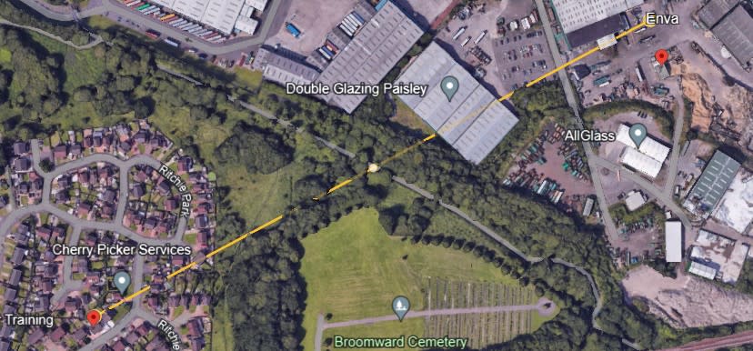 <span>Screenshot of the distance measured between Ritchie Park and the Enva recycling plant on Google Earth </span>