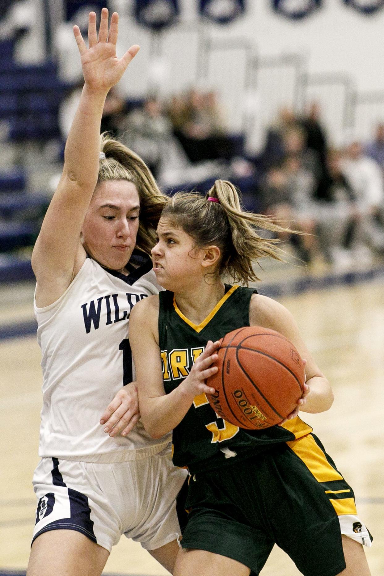 Dallastown's McKenna Kelley defends York Catholic's Mariah Shue. Dallastown defeats York Catholic 49-45 in the opening round of the YAIAA girls' basketball tournament at West York Area High School, Saturday, February 11, 2023.