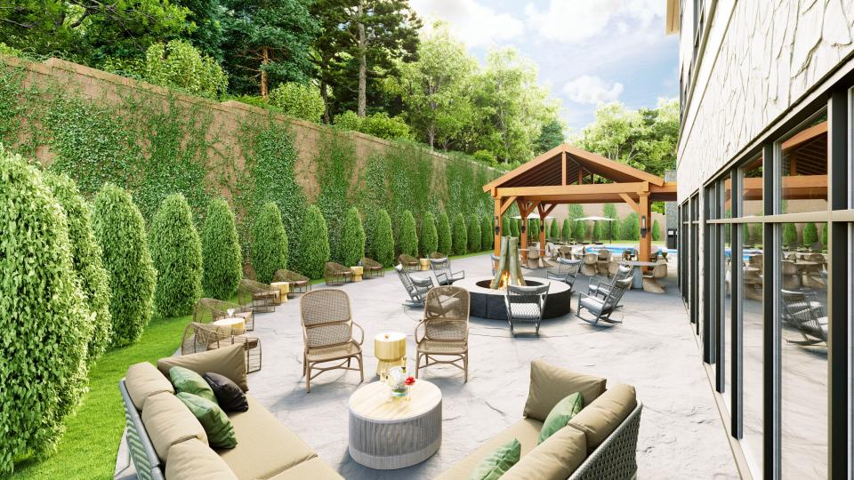 A new luxury hotel, The Swiftwater, is under construction and is scheduled to open in May 2024 in the Poconos. Picture is a rendering of the garden patio.