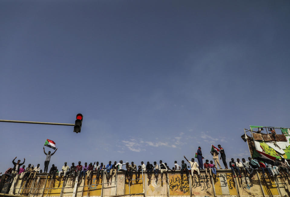 Sudanese protesters rally in the capital Khartoum on Friday, April 26, 2019. Islamists in Sudan long allied with ousted president Omar al-Bashir’s regime called Friday for a rally to support military-backed Islamic rule in the face of alleged attempts by protesters to abolish it. (AP Photo)