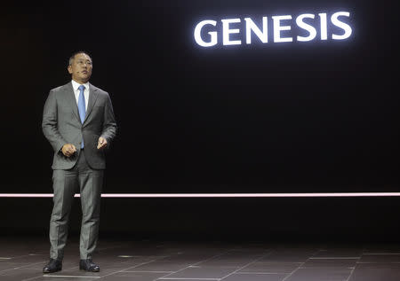 Euisun Chung, Vice Chairman of Hyundai, speaks at the introduction of the 2017 Hyundai Genesis G90 at the North American International Auto Show in Detroit, Michigan January 11, 2016. REUTERS/Rebecca Cook