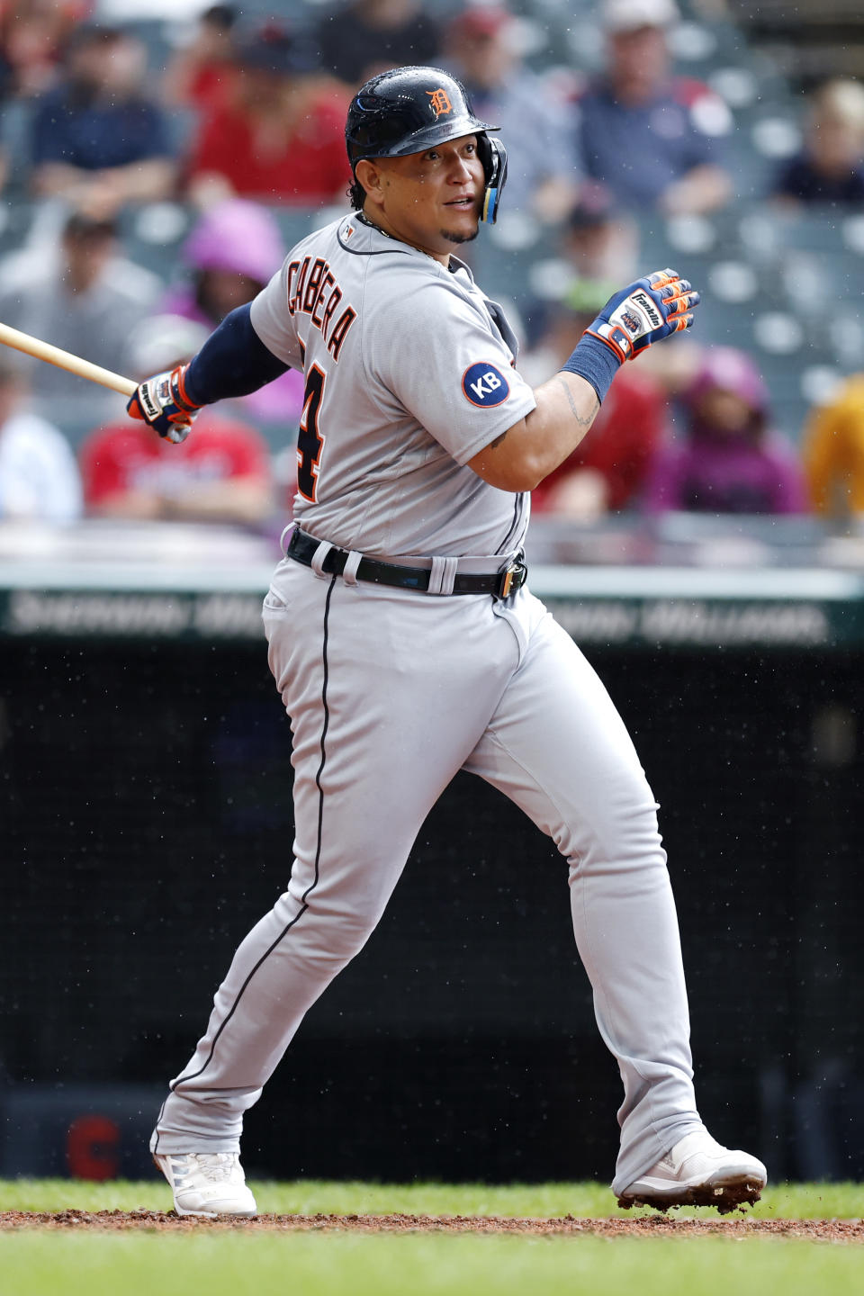 Detroit Tigers designated hitter Miguel Cabrera watches his single off Cleveland Guardians starting pitcher Cal Quantrill during the third inning of a baseball game Saturday, July 16, 2022, in Cleveland. (AP Photo/Ron Schwane)
