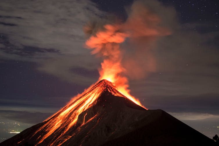 <span class="caption">An active volcano in Guatemala.</span> <span class="attribution"><a class="link " href="https://www.shutterstock.com/image-photo/lava-going-down-volcano-fuego-antigua-787922728?src=47_cfahON1xdhefOhg0j1g-1-0" rel="nofollow noopener" target="_blank" data-ylk="slk:Shutterstock.;elm:context_link;itc:0;sec:content-canvas">Shutterstock.</a></span>
