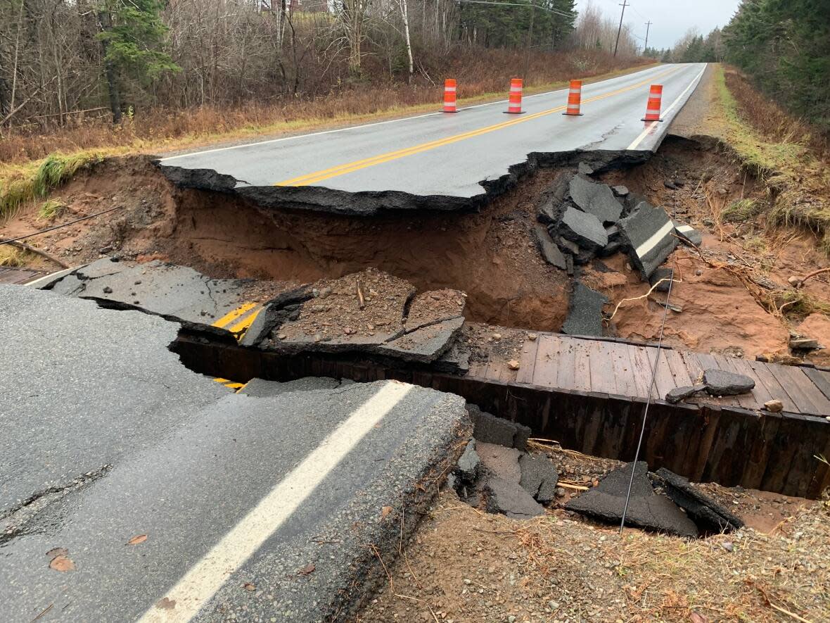 An area of Highway 245 in Maryvale, near Antigonish, is seen washed out after heavy rain last week. (Paul Palmeter/CBC - image credit)