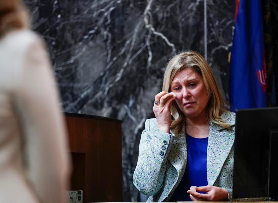 Oxford High School educator Molly Darnell becomes emotional during her testimony at the trial of James Crumbley on Thursday, March 7, 2024 in the Oakland County courtroom of Judge Cheryl Matthews. Darnell sustained a gunshot wound while working at Oxford High School on Nov. 30, 2021.