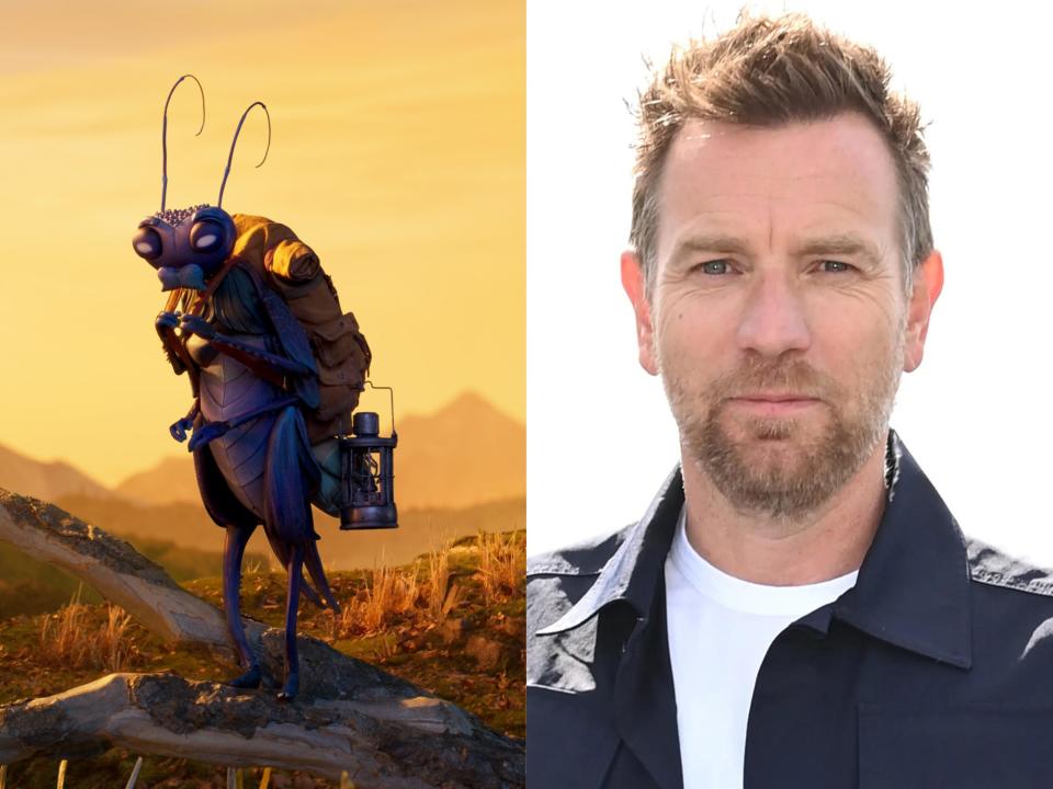 left: a stop motion animated cricket, purple in color, wearing a large yellow backpack that has an oil lamp attached to it. the cricket is standing on a branch laying on the ground, in front of a yellow background. right: ewan mcgregor, wearing a white shirt and black jacket, looking forward