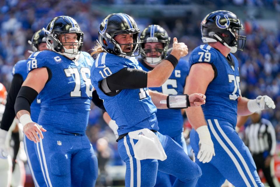 Indianapolis Colts quarterback Gardner Minshew II (10) celebrates a touchdown Sunday, Oct. 22, 2023, during a game against the Cleveland Browns at Lucas Oil Stadium in Indianapolis.