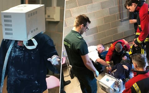 In 2017 firefighters spent an hour freeing a YouTuber who had cemented his head into a microwave - Credit: YouTube