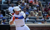 New York Mets' Pete Alonso swings at pitch during a baseball game against the Atlanta Braves, Sunday Aug. 25, 2019, in New York. (AP Photo/Bebeto Matthews)