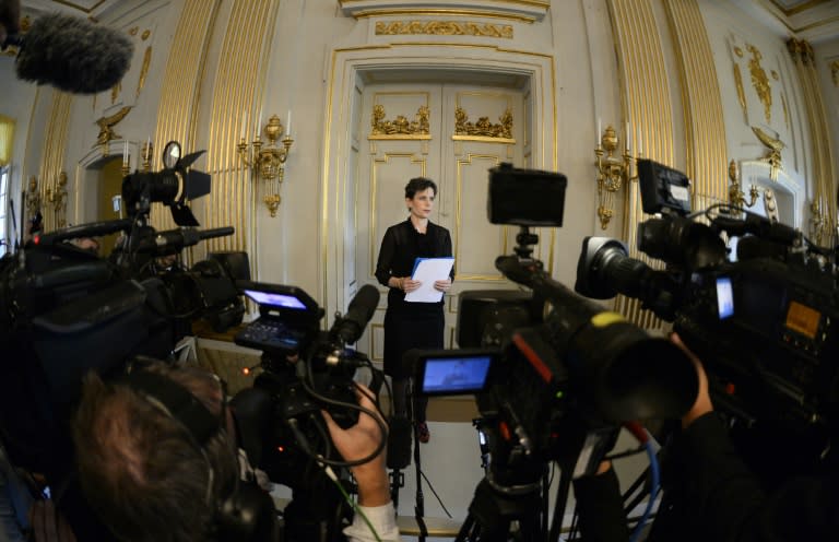 Sara Danius, Permanent Secretary of the Swedish Academy, announces the winner of the 2015 Nobel Prize in Literature on October 8, 2015 in Stockholm