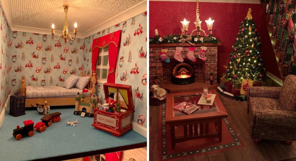 A composite image shows the inside of a Christmas-themed doll's house. (Caters)