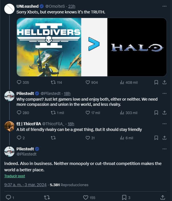 Creativo de Arrowhead arremete contra las peleas entre fans de Halo y Helldivers 2