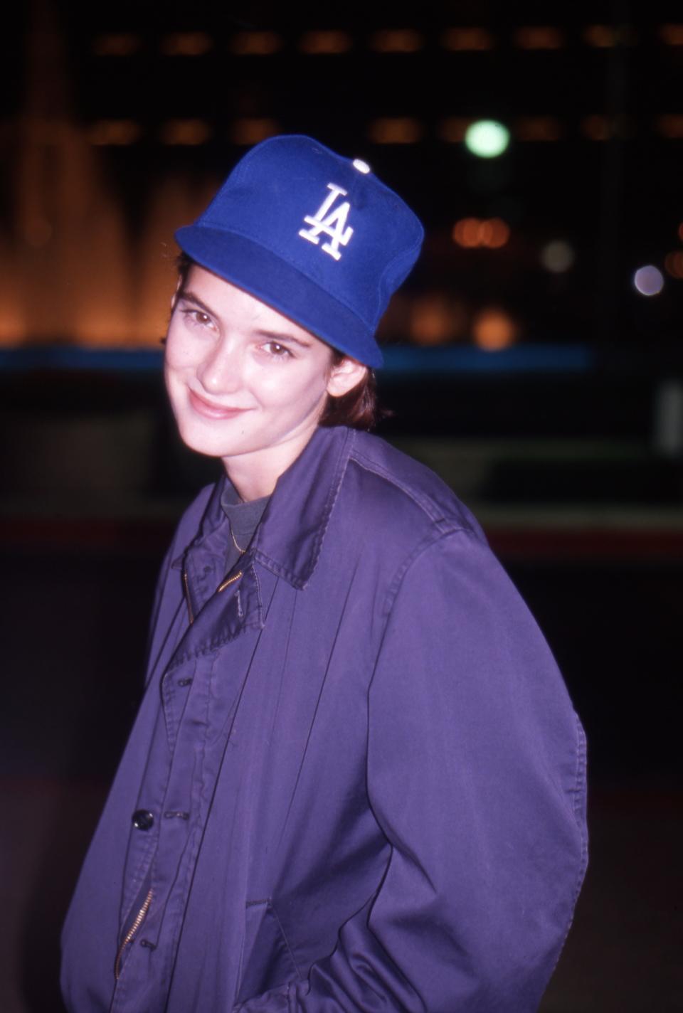 A photo of Winona Ryder in a Los Angeles Dodgers baseball hat