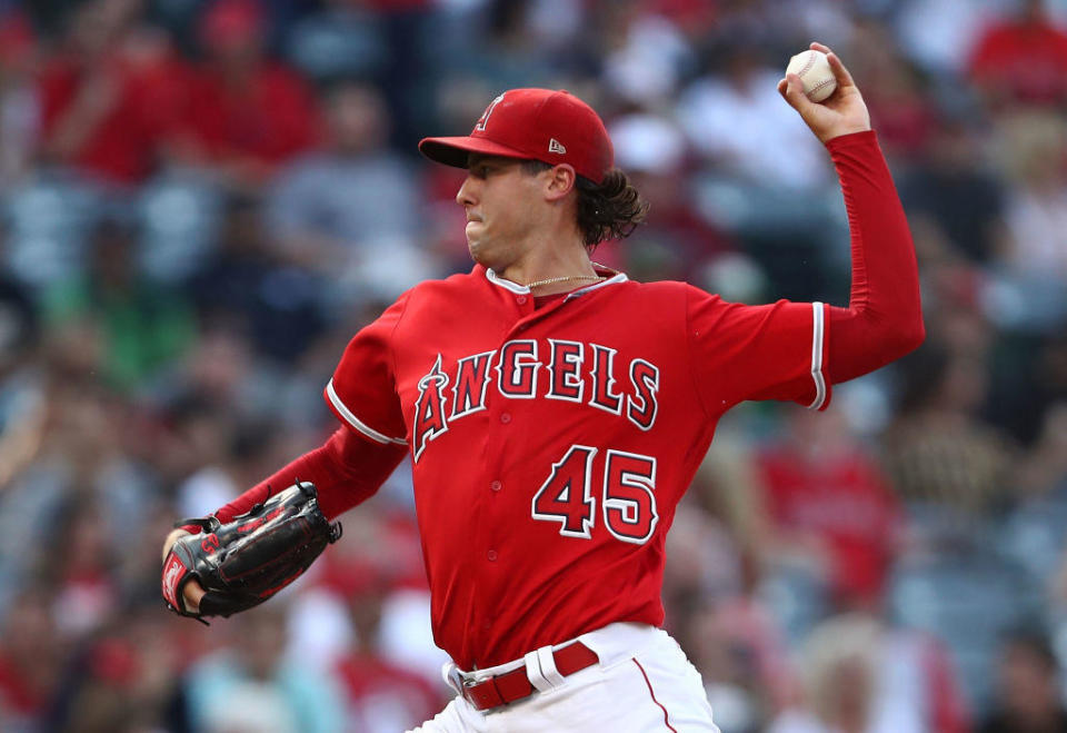 Tyler Skaggs at Angel Stadium on August 11, 2018, in Anaheim. / Credit: Victor Decolongon / Getty