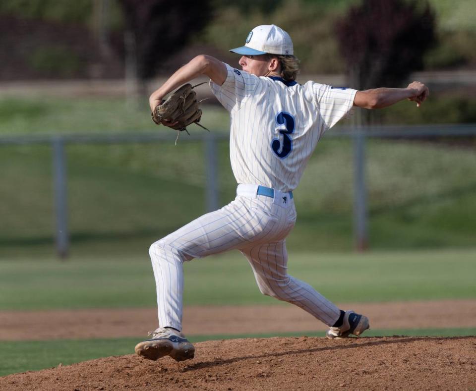 Oakmont pitcher Trevor Wilson pitched a complete game 3-0 shutout of Central Catholic to win the Sac-Joaquin Section DIII title at Islanders Park in Lathrop, Calif., Thursday, May 23, 2024.