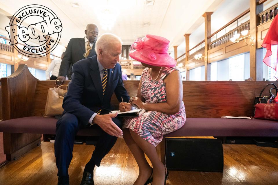 Biden speaks with a churchgoer after attending Sunday service at Morris Brown AME Church in Charleston, South Carolina, on July 7, 2019.