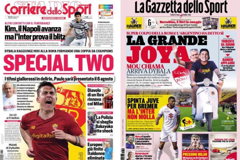 Un gran impacto: el desembarco de Dybala en Roma es tapa en los diarios deportivos de Italia.