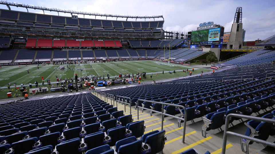 The New England Patriots and the Las Vegas Raiders play in an empty Gillette Stadium due to the coronavirus pandemic in the second half of an NFL football game, Sunday, Sept. 27, 2020, in Foxborough, Mass. (AP Photo/Charles Krupa)