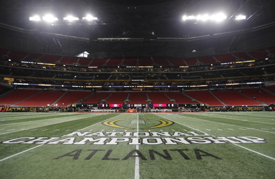 The championship logo is seen on the field at Mercedes-Benz Stadium before the NCAA college football playoff championship game between Georgia and Alabama, Monday, Jan. 8, 2018, in Atlanta. (AP Photo/David Goldman)