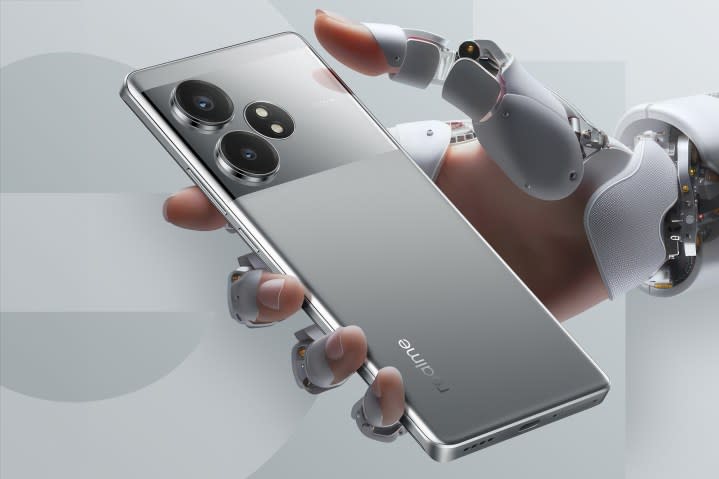 Digital render of a silver Realme GT Neo 6 SE held in bionic hand.