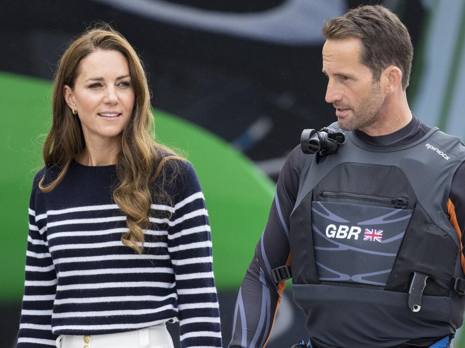 Catherine, Duchess of Cambridge with Ben Ainslie during her visit to the 1851 Trust and the Great Britain SailGP Team on July 31, 2022 in Plymouth, England