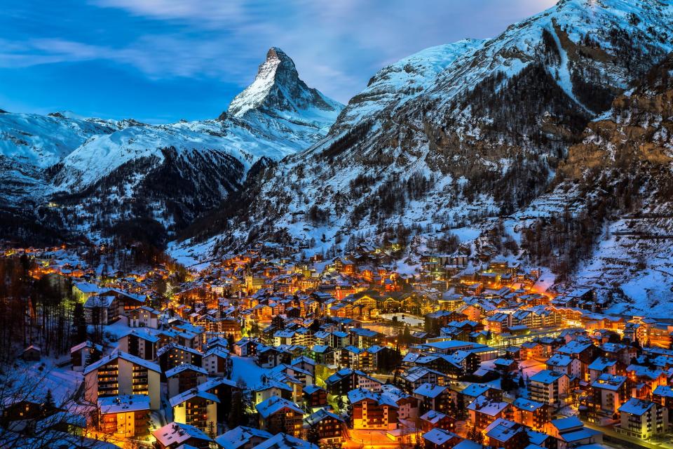 Zermatt Valley and Matterhorn Peak in Switzerland.