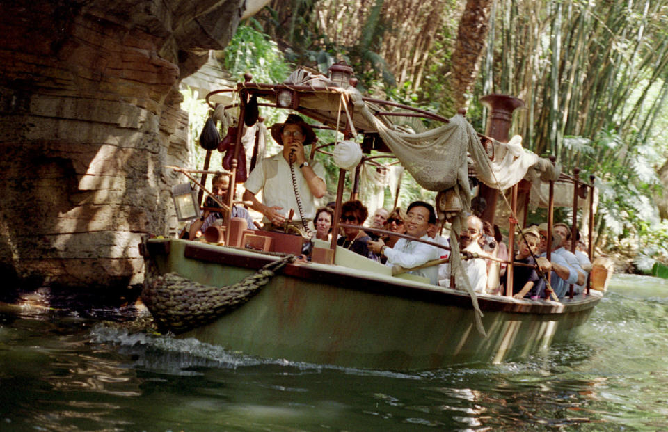 ME.Jungle.boat2.KH.7/8/94.Skippers on the Jungle Cruise in Disneyland have added some updated jokes to their routine. 