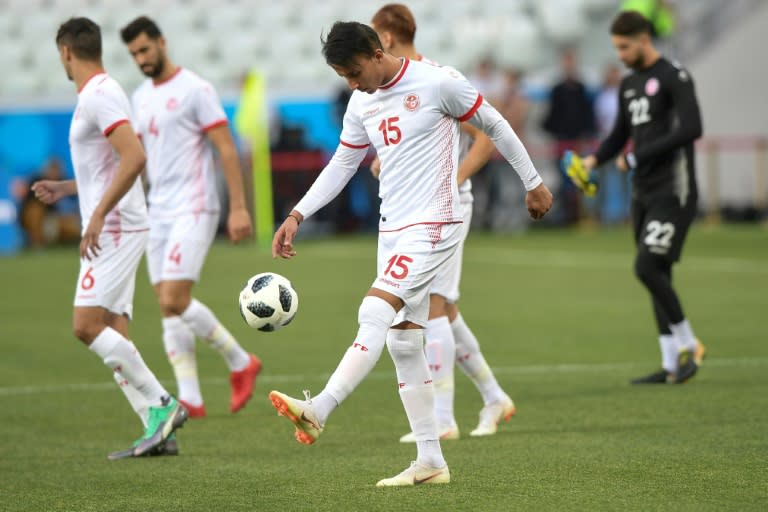 Tunisia's midfielder Ahmed Khalil (C) attends a training session at the Volgograd Arena on the eve of their World Cup Group G match against England